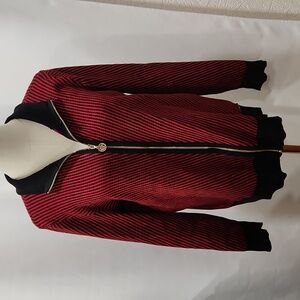 Anne Klein Red And Black Striped zip Up Cardigan